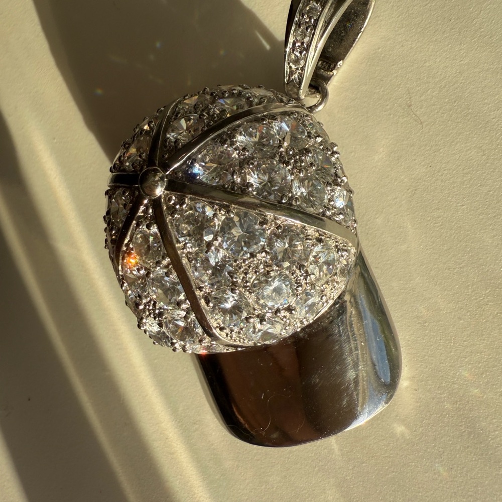 Sterling Silver Cubic Zirconia Pave Vintage Baseball Cap Pendant for Necklace